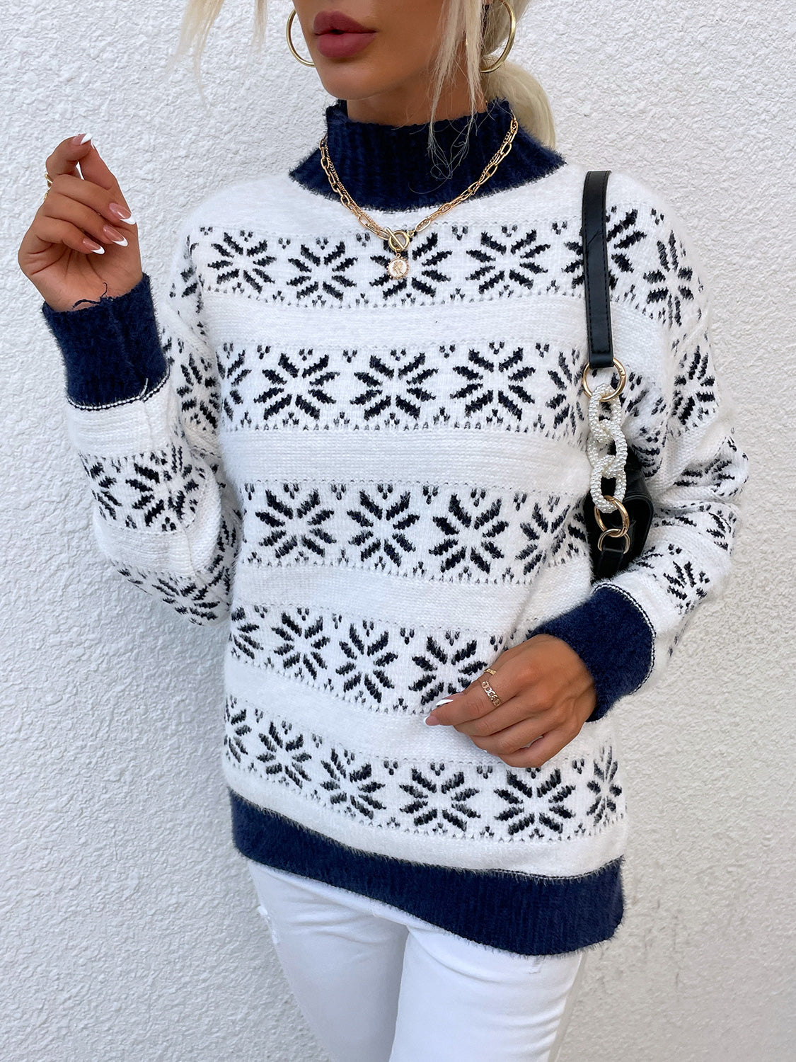Snowflake Pattern Mock Neck Sweater nicholesgifts