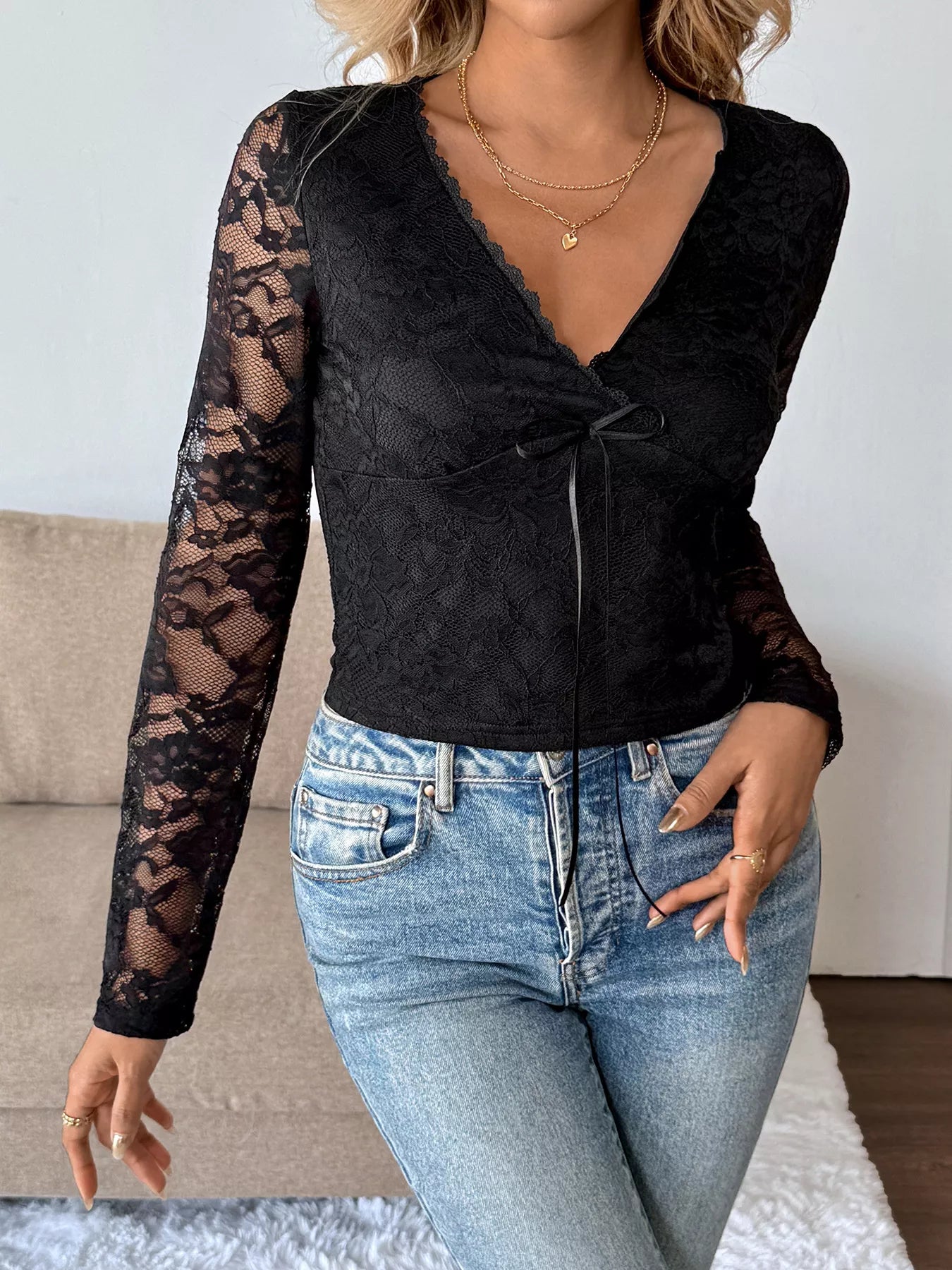 Lace V-Neck Long Sleeve Top Trendsi