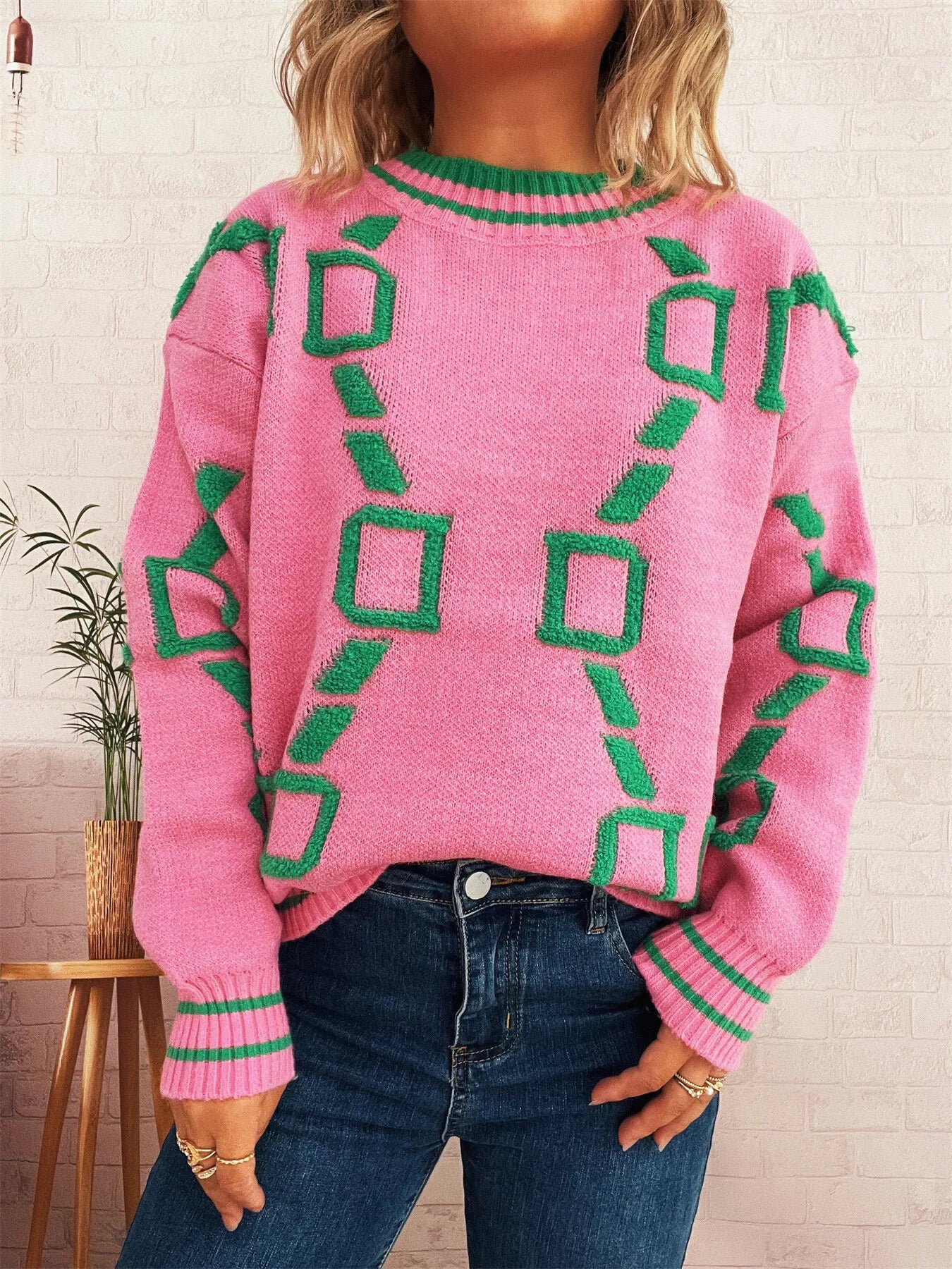 Contrast Round Neck Long Sleeve Sweater