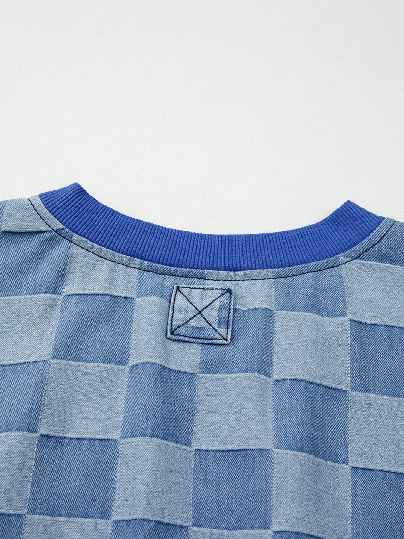 Checkerboard Splicing Raw Detail Oversized Denim Top Trendsi