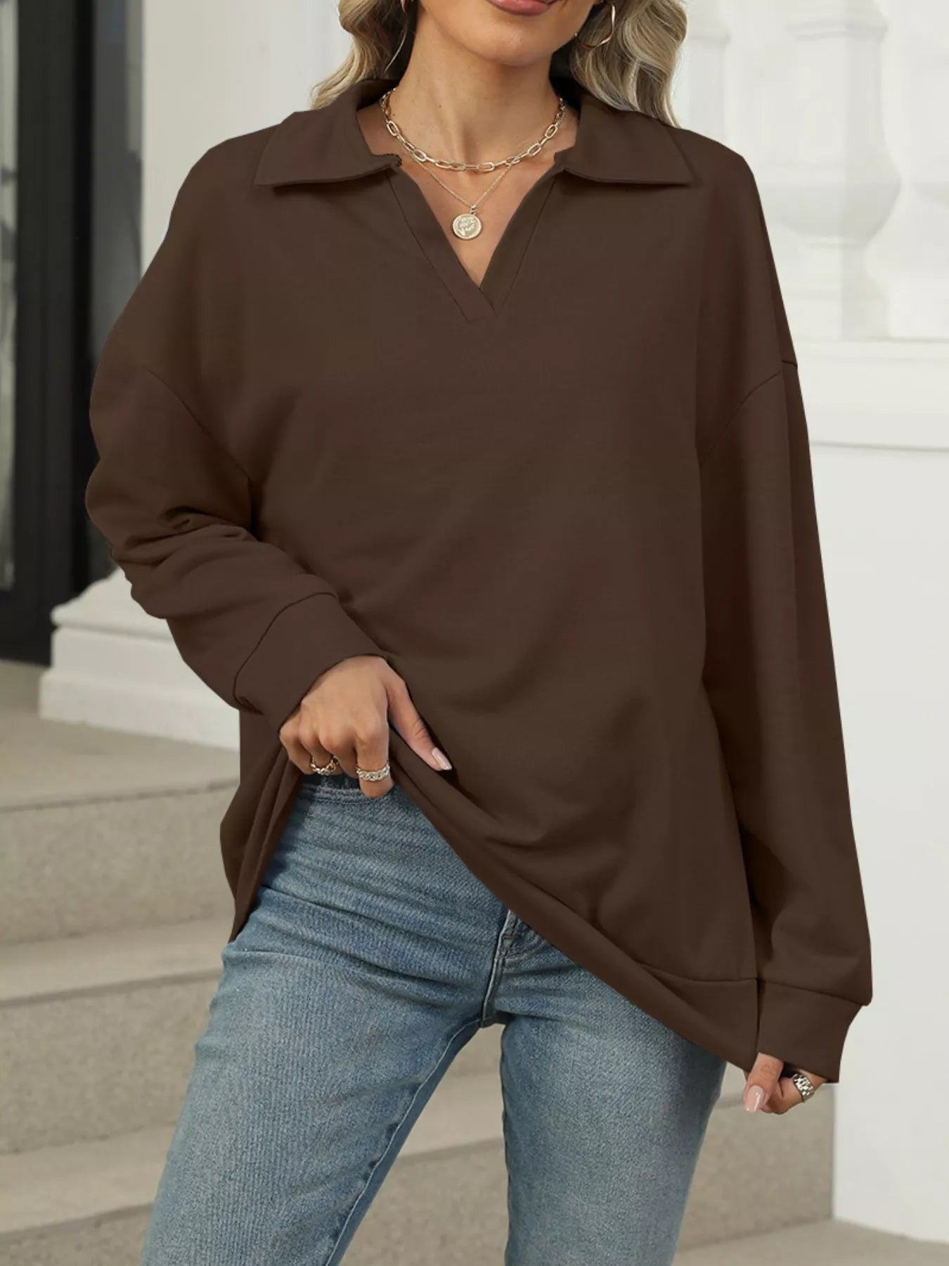 Johnny Collar Long Sleeve Sweatshirt Trendsi