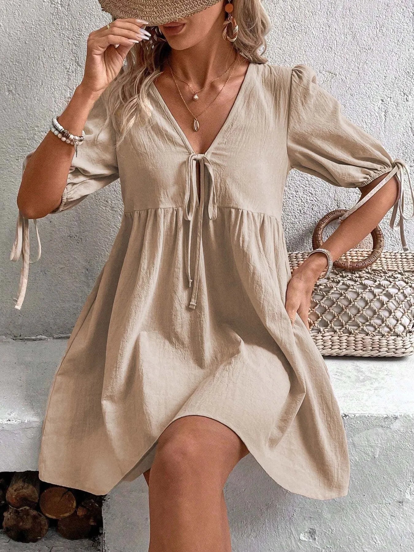 V-Neck Tie-Front Mini Dress with Puff Sleeves NicholesGifts