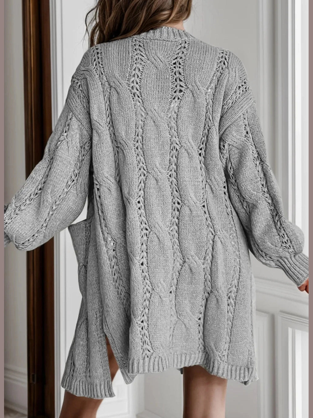 Women Cable-Knit Dropped Shoulder Slit Cardigan nicholesgifts