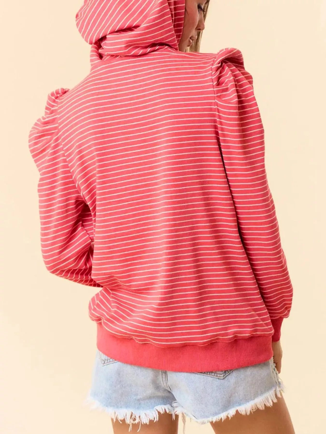 Striped Puff Sleeve Hoodie with Drawstring nicholesgifts