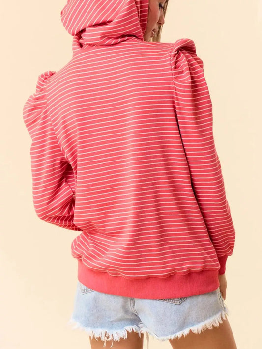 Striped Puff Sleeve Hoodie with Drawstring nicholesgifts