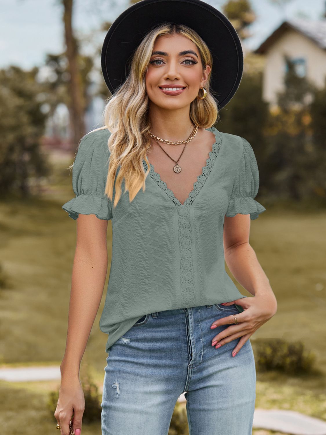 Lace Detail V-Neck Flounce Sleeve Blouse nicholesgifts