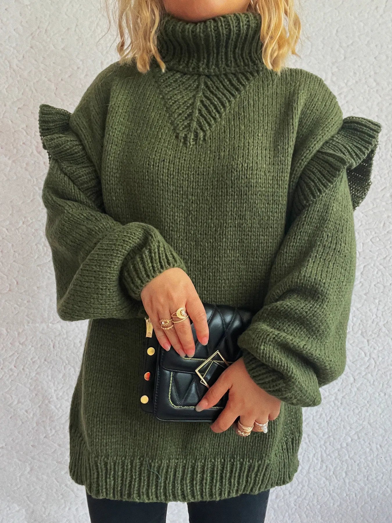Women Ruffled Turtleneck Long Sleeve Sweater