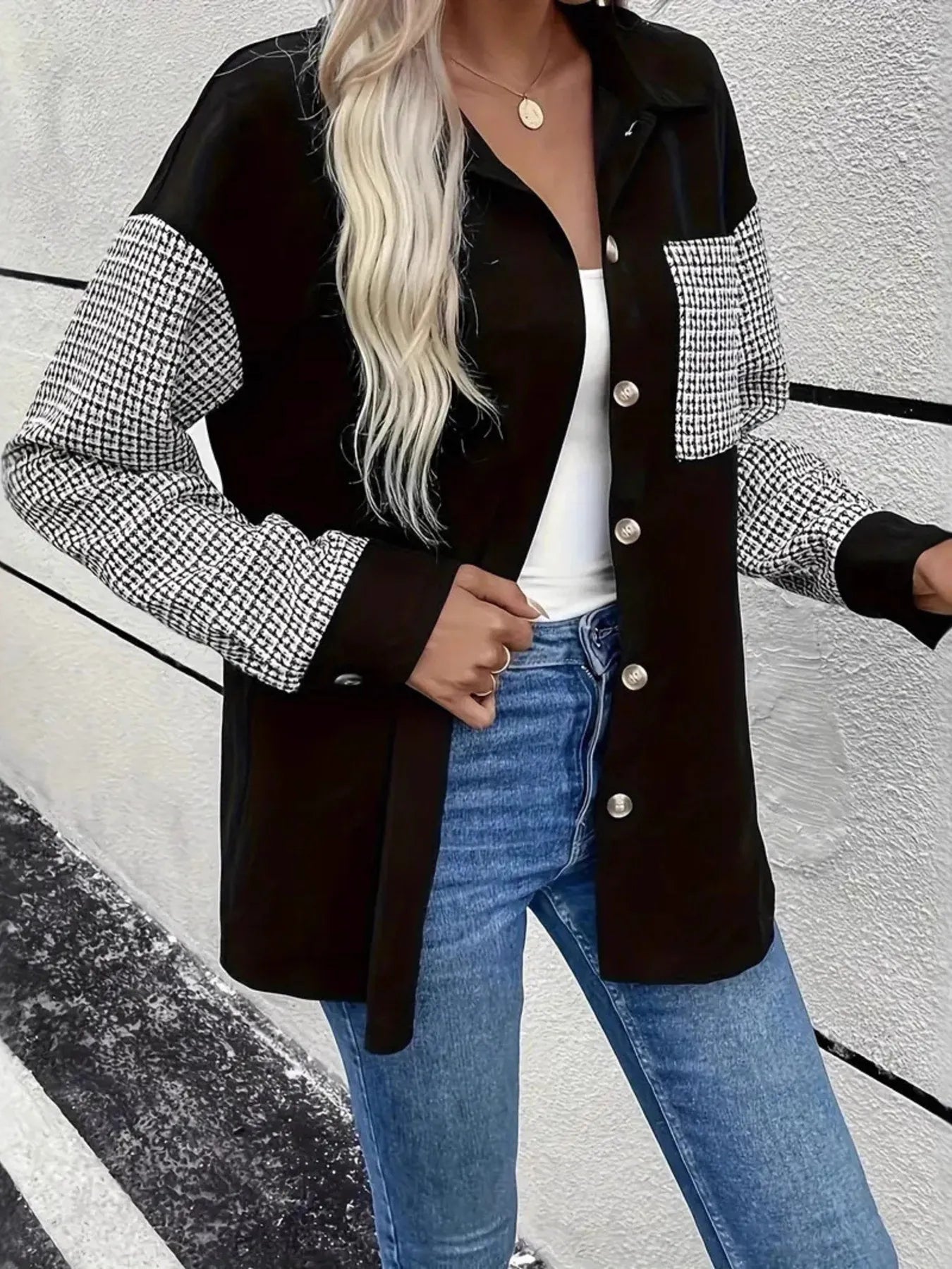 Houndstooth Contrast Button-Up Oversized Jacket