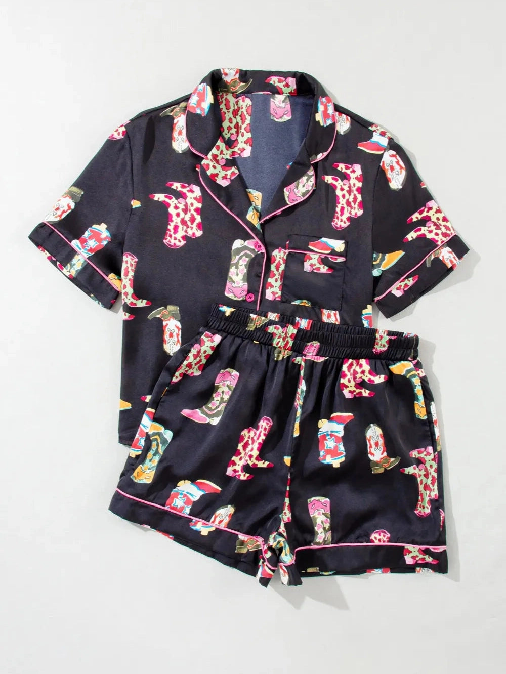 Printed Button Up Short Sleeve Top and Shorts Lounge Set nicholesgifts