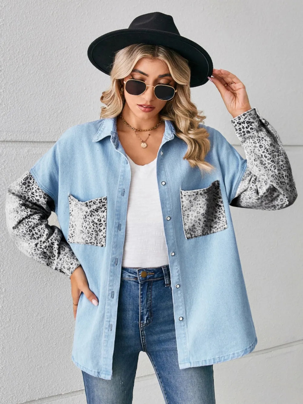 Leopard Button Up Denim Jacket nicholesgifts