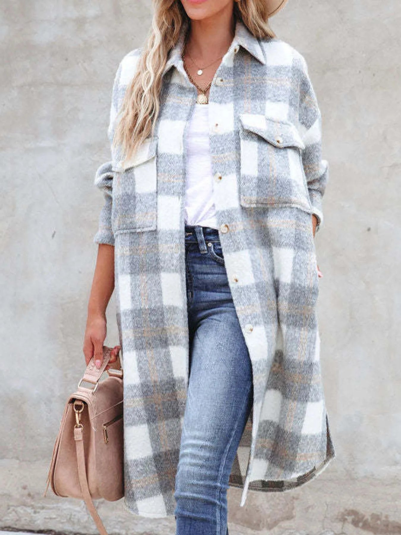 Oversized Plaid Button Up Longline Jacket Trendsi