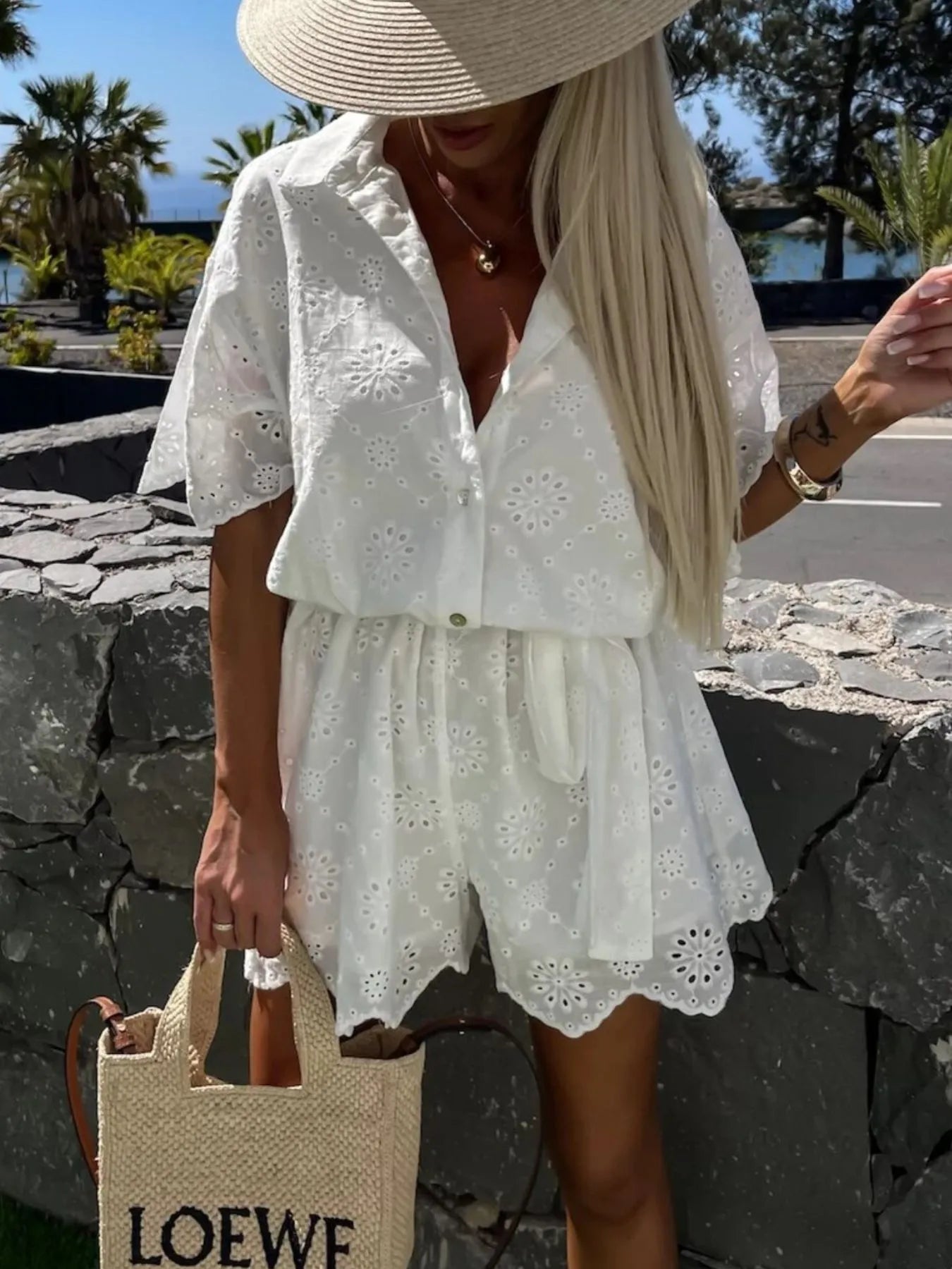 Eyelet Lace Button-Up Romper nicholesgifts