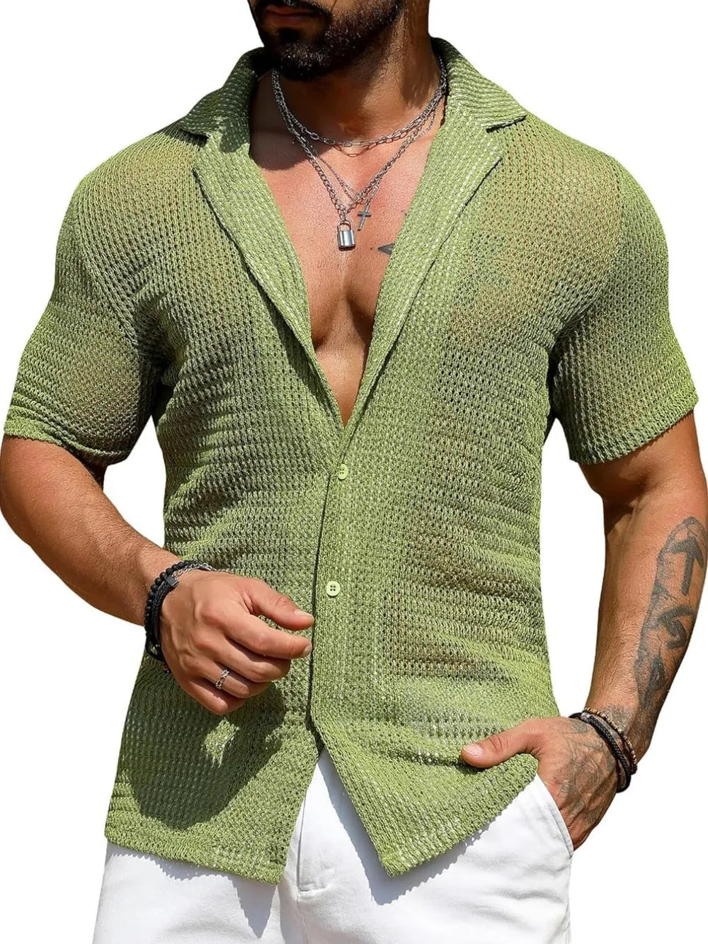 Men's Full Size Openwork Button Down Short Sleeve Shirt Plus Size NicholesGifts