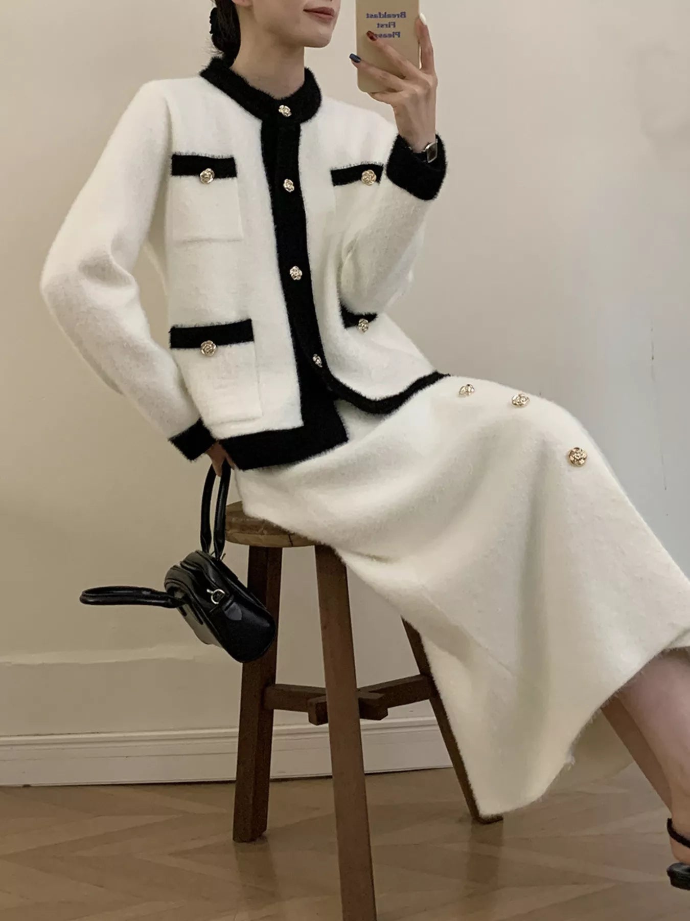 Contrast Trim Jacket and Skirts Sweater Set nicholesgifts
