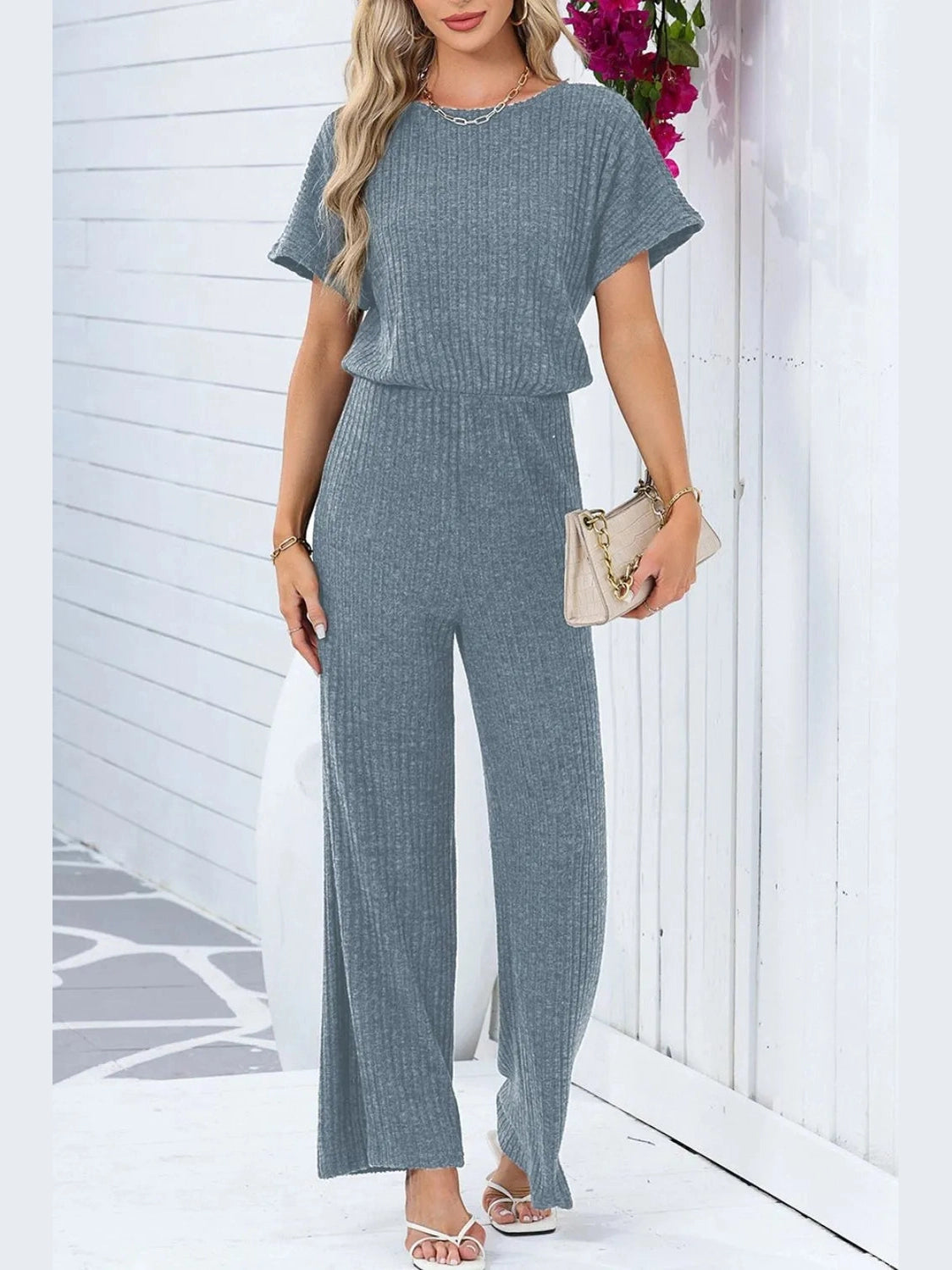 Ribbed Short Sleeve Wide Leg Jumpsuit nicholesgifts