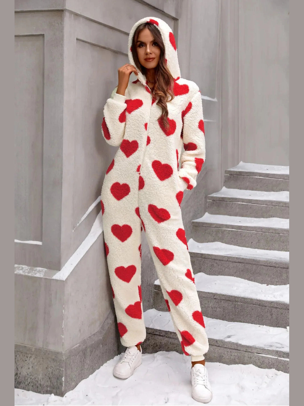 Fuzzy Heart Zip Up Hooded Lounge Jumpsuit nicholesgifts