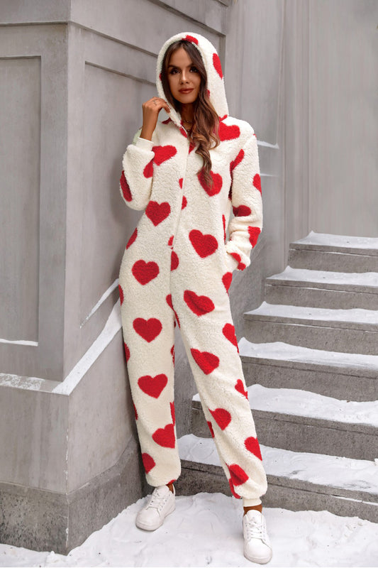 Fuzzy Heart Zip Up Hooded Lounge Jumpsuit nicholesgifts