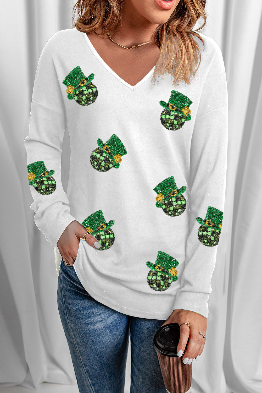 Women Sequin V-Neck Long Sleeve St. Patrick's Day Tee Shirt NicholesGifts