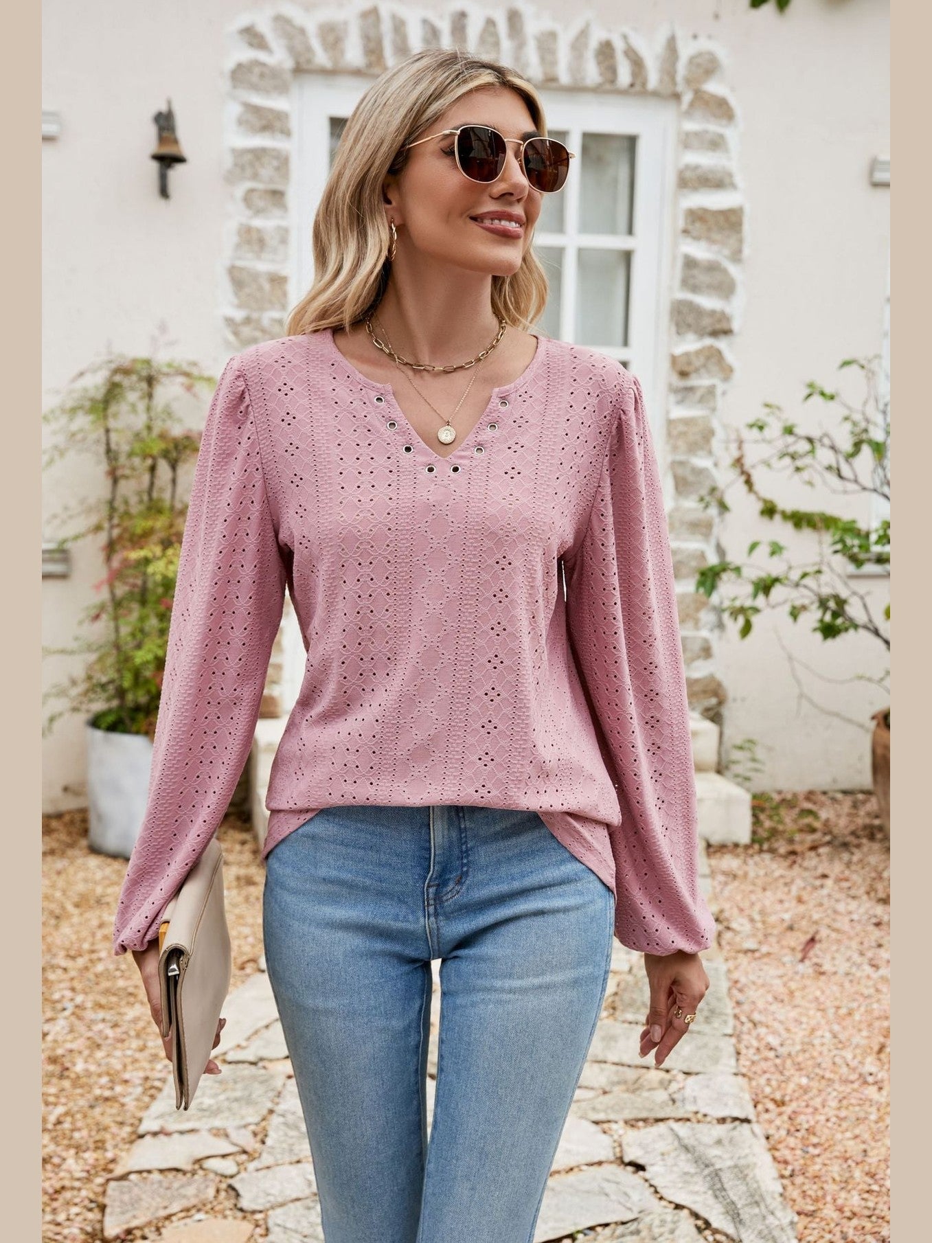 Eyelet Notched Neck Balloon Sleeve Blouse