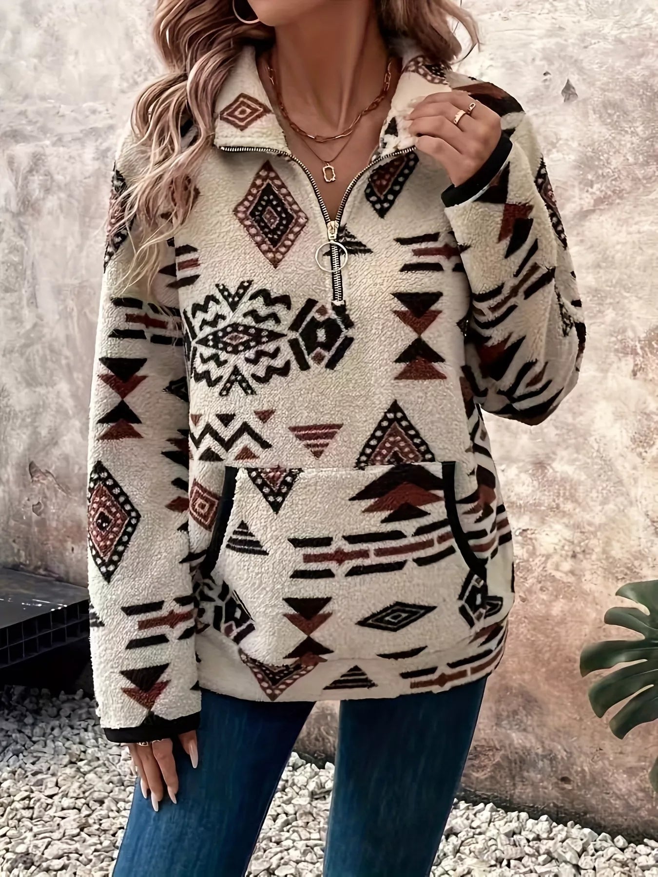 Geometric Half Zip Long Sleeve Sweatshirt nicholesgifts