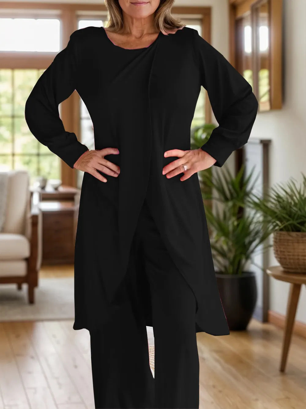 Full Size Slit Round Neck Long Sleeve Top and Pants Set Trendsi