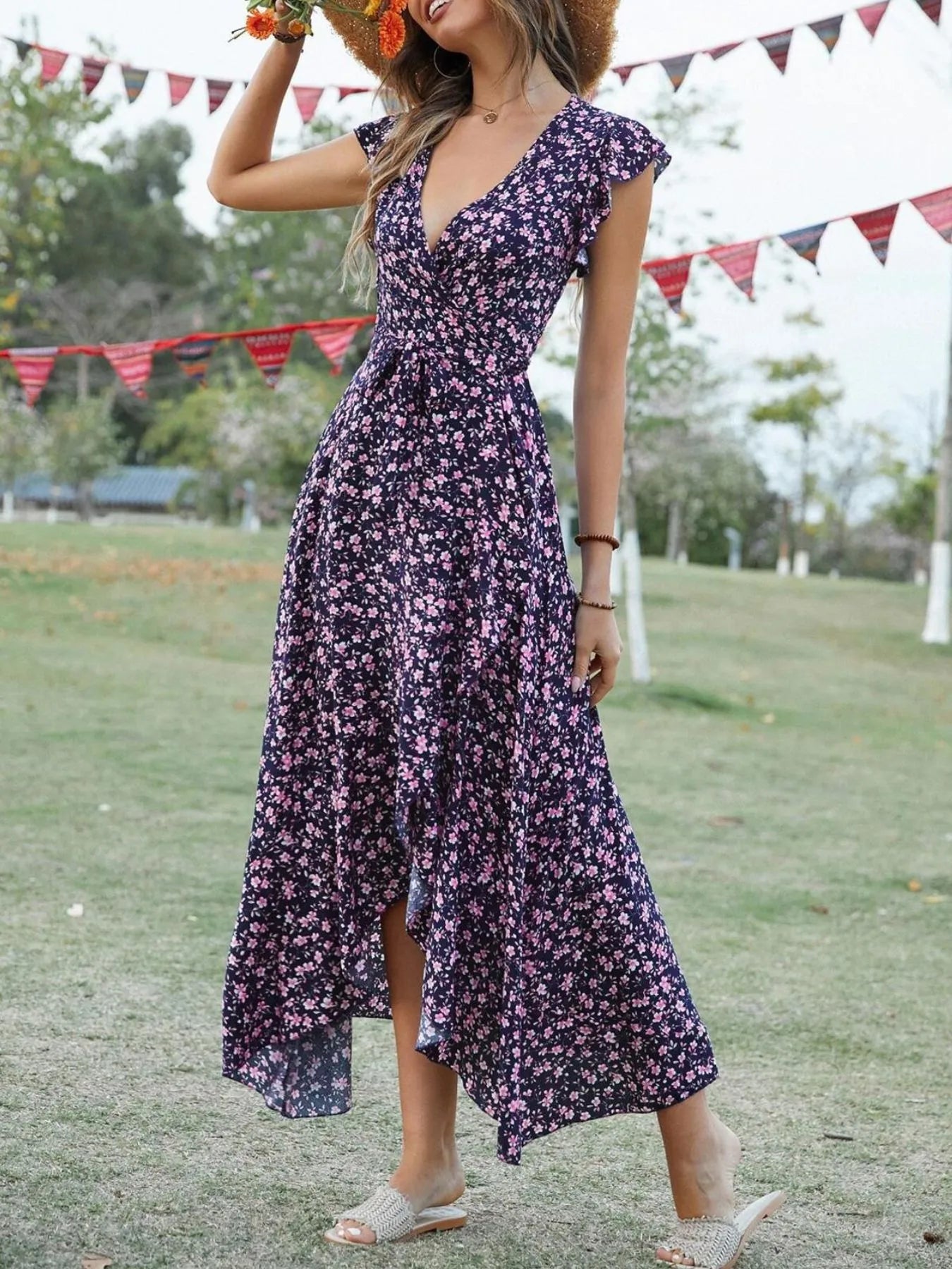 Printed Surplice Ruffle Sleeve Dress NicholesGifts
