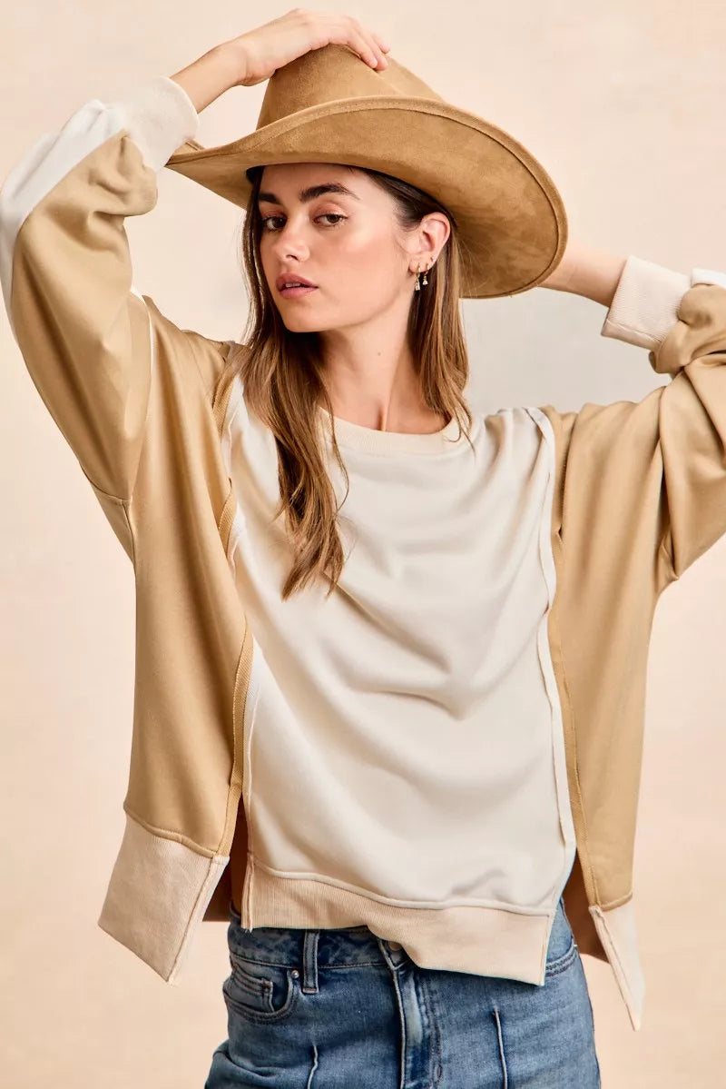 BiBi French Terry Color Block Top With Open Seam Detail Trendsi