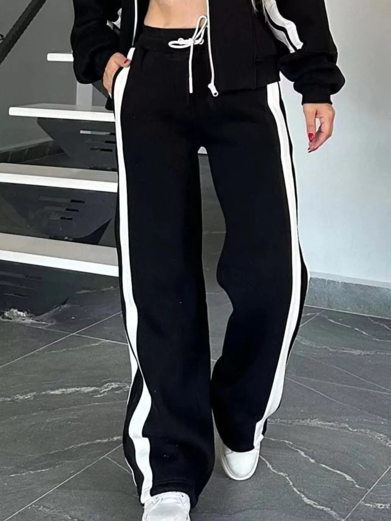 Full Size Contrast Stripe Zip Up Jacket and Pants Set Plus Size nicholesgifts