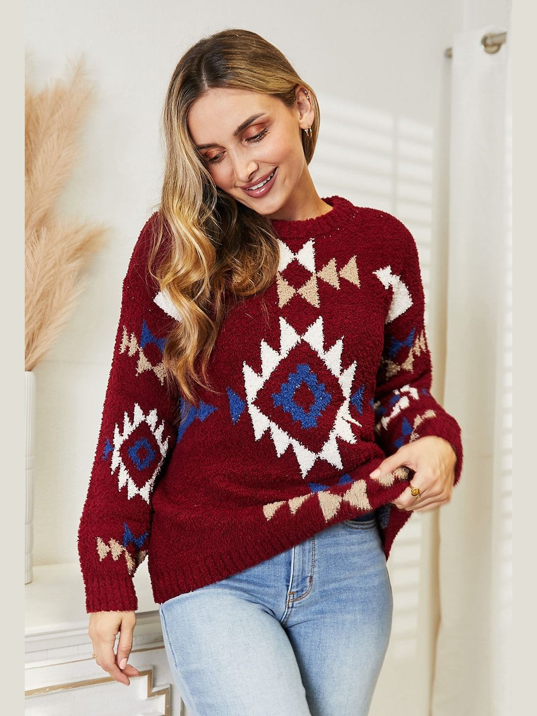 HEYSON Full Size Aztec Soft Fuzzy Sweater Trendsi