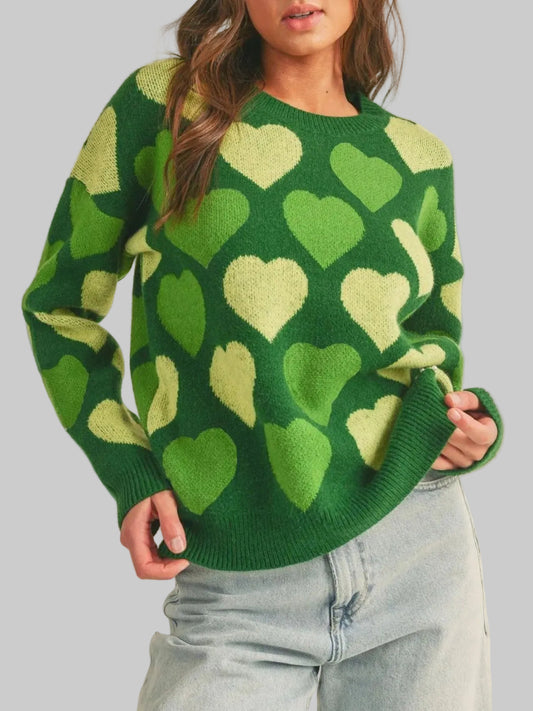 Women Heart Ribbed Hem Long Sleeve Sweater For Valentine's Day Gift For Her nicholesgifts
