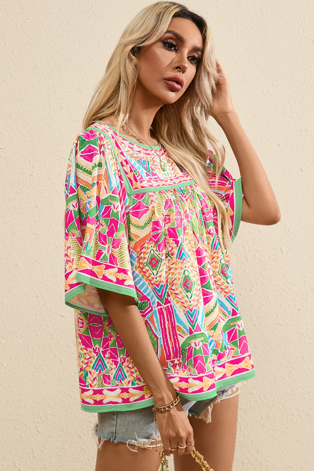 Printed Round Neck Half Sleeve Blouse nicholesgifts