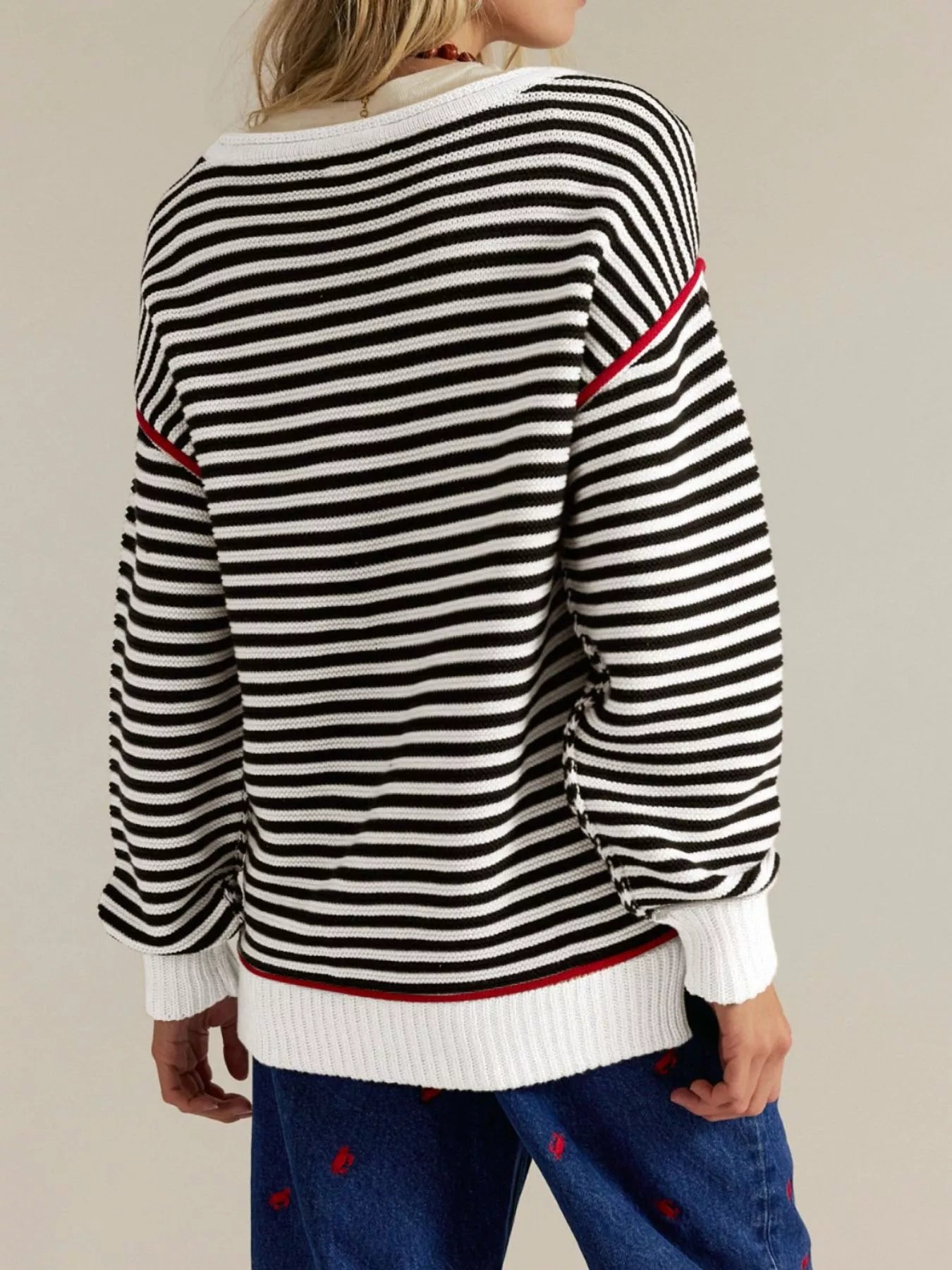 Striped Round Neck Long Sleeve Sweater Trendsi