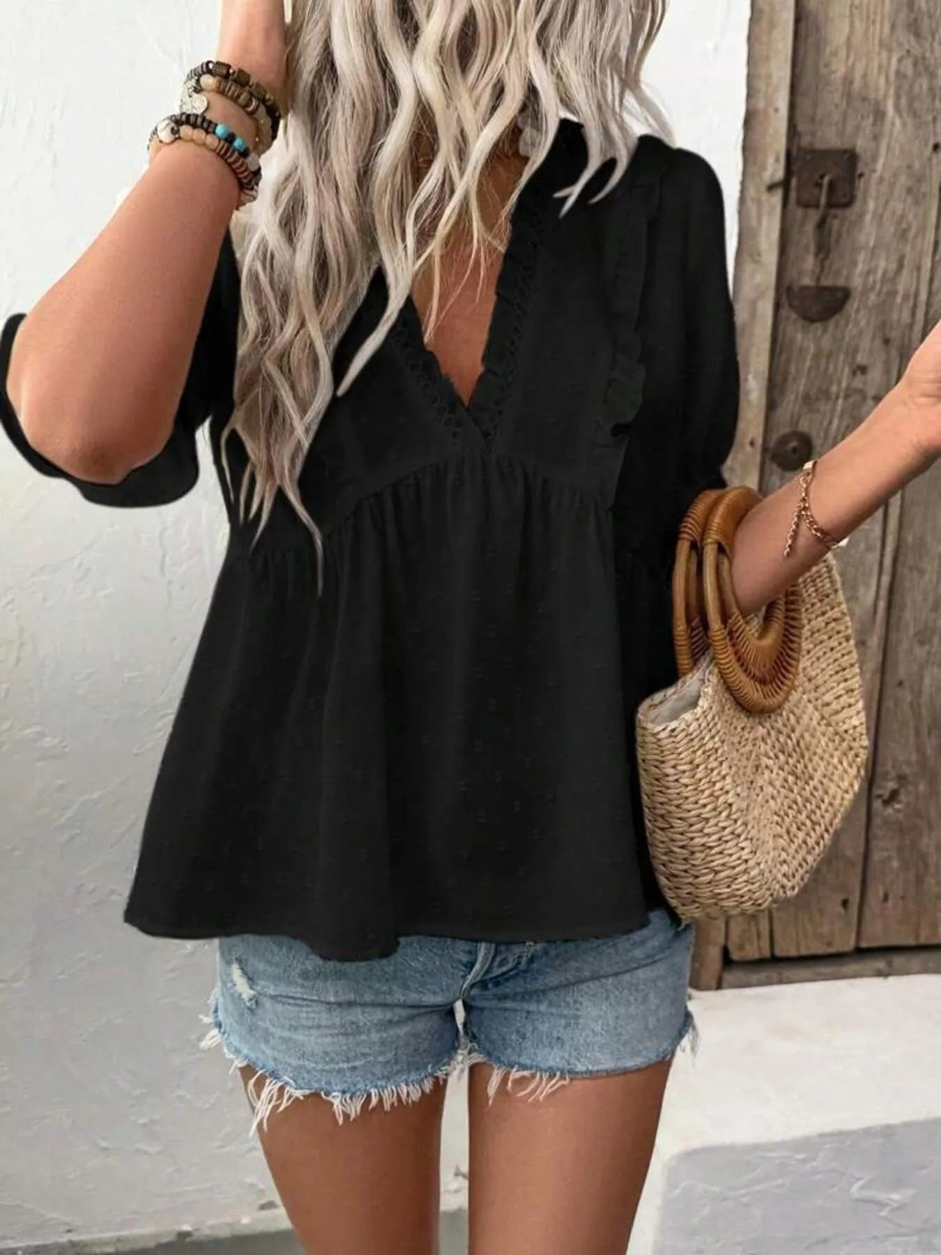Swiss Dot Ruffled V-Neck Blouse with Flounce Sleeves NicholesGifts