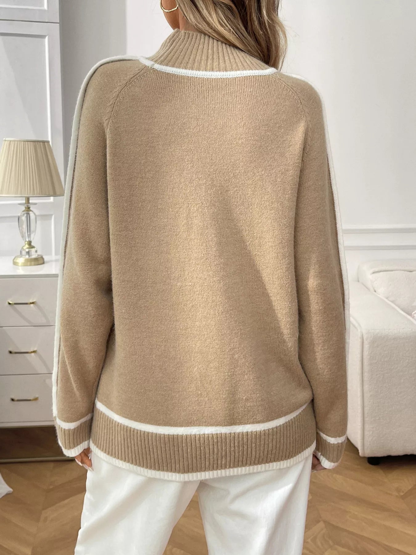 Contrast Trim Turtleneck Long Sleeve Sweater Trendsi