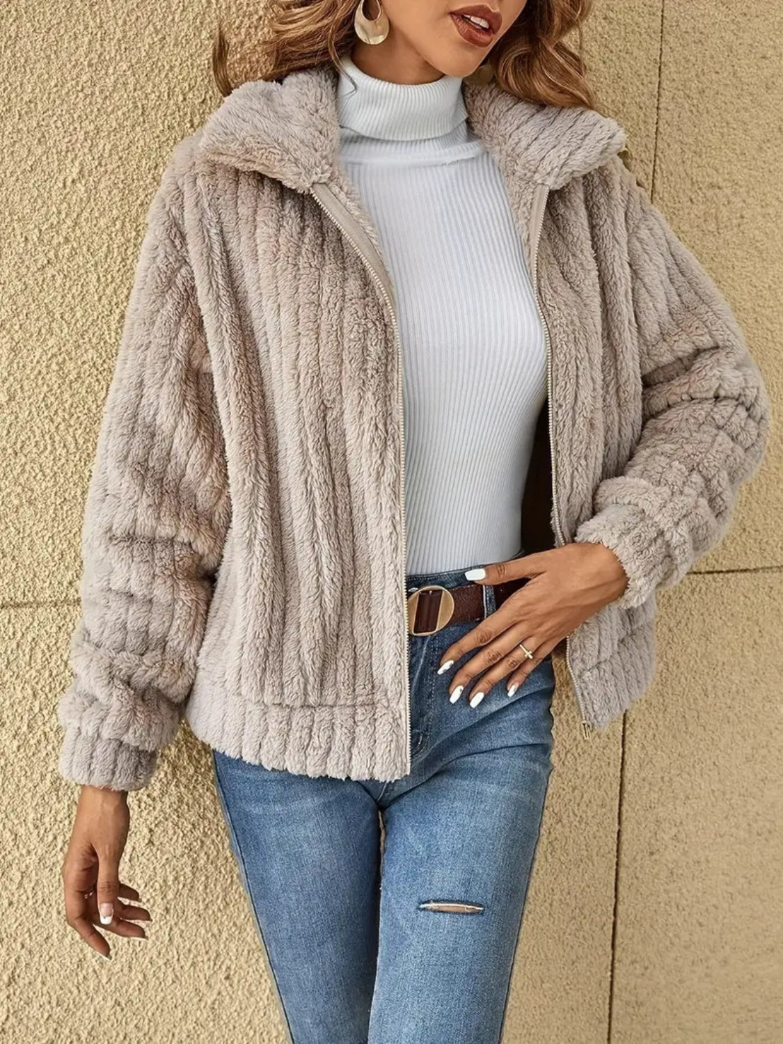 Plush Zip Up Long Sleeve Jacket nicholesgifts