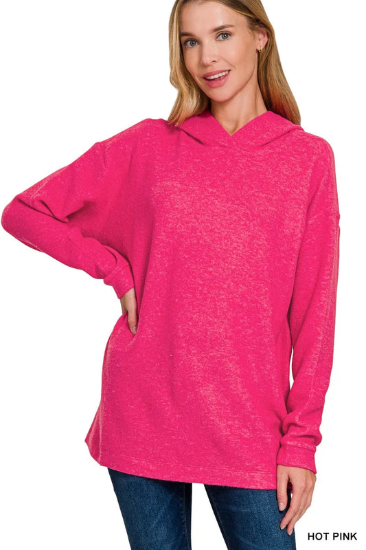 Zenana Hooded Brushed Melange Hacci Sweater Trendsi