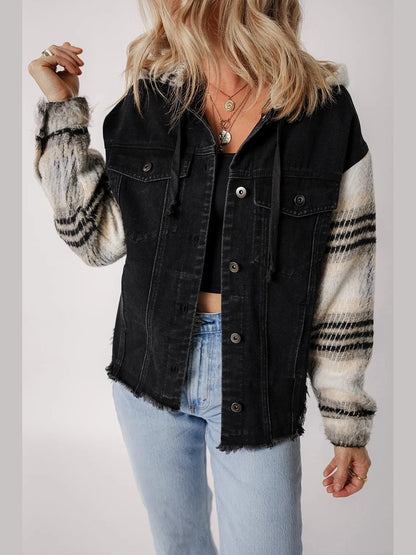 Drawstring Raw Hem Button Up Hooded Denim Jacket nicholesgifts