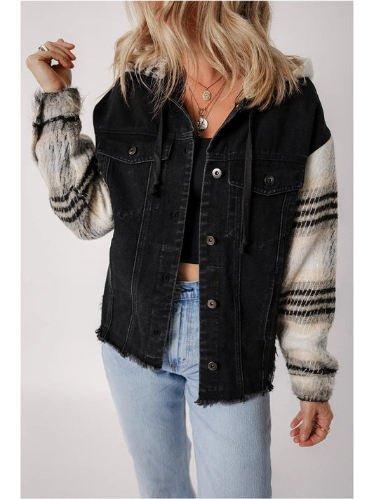 Drawstring Raw Hem Button Up Hooded Denim Jacket NicholesGifts