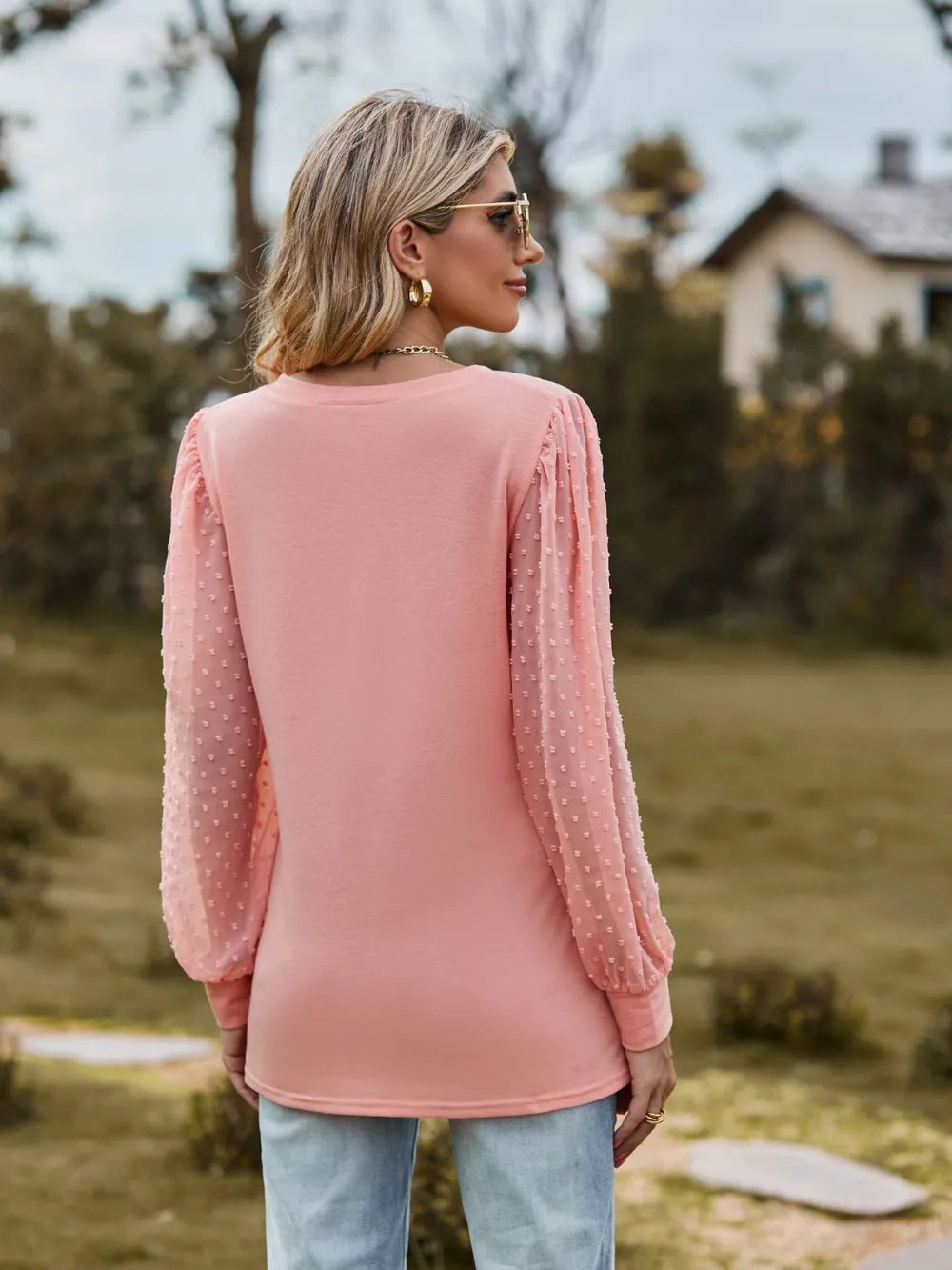 Swiss Dot V-Neck Long Sleeve Blouse NicholesGifts