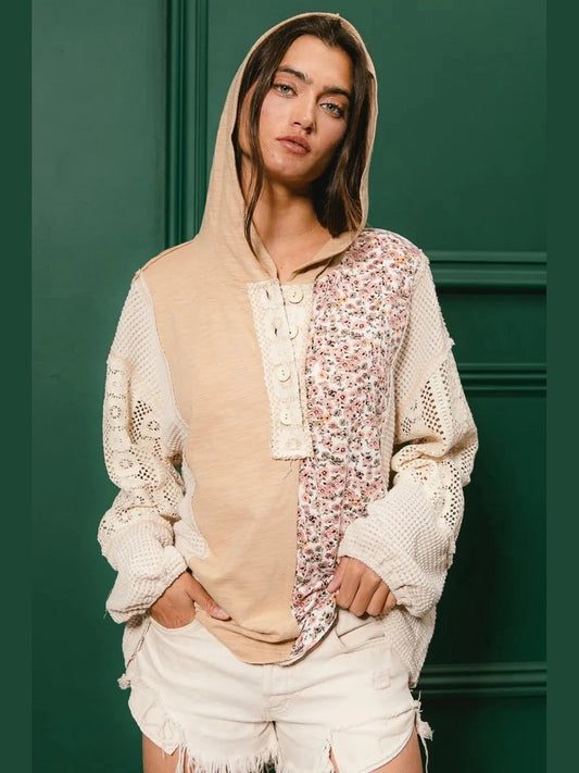 BiBi Slub Jersey with Lace Combo Buttoned Hoodie Top