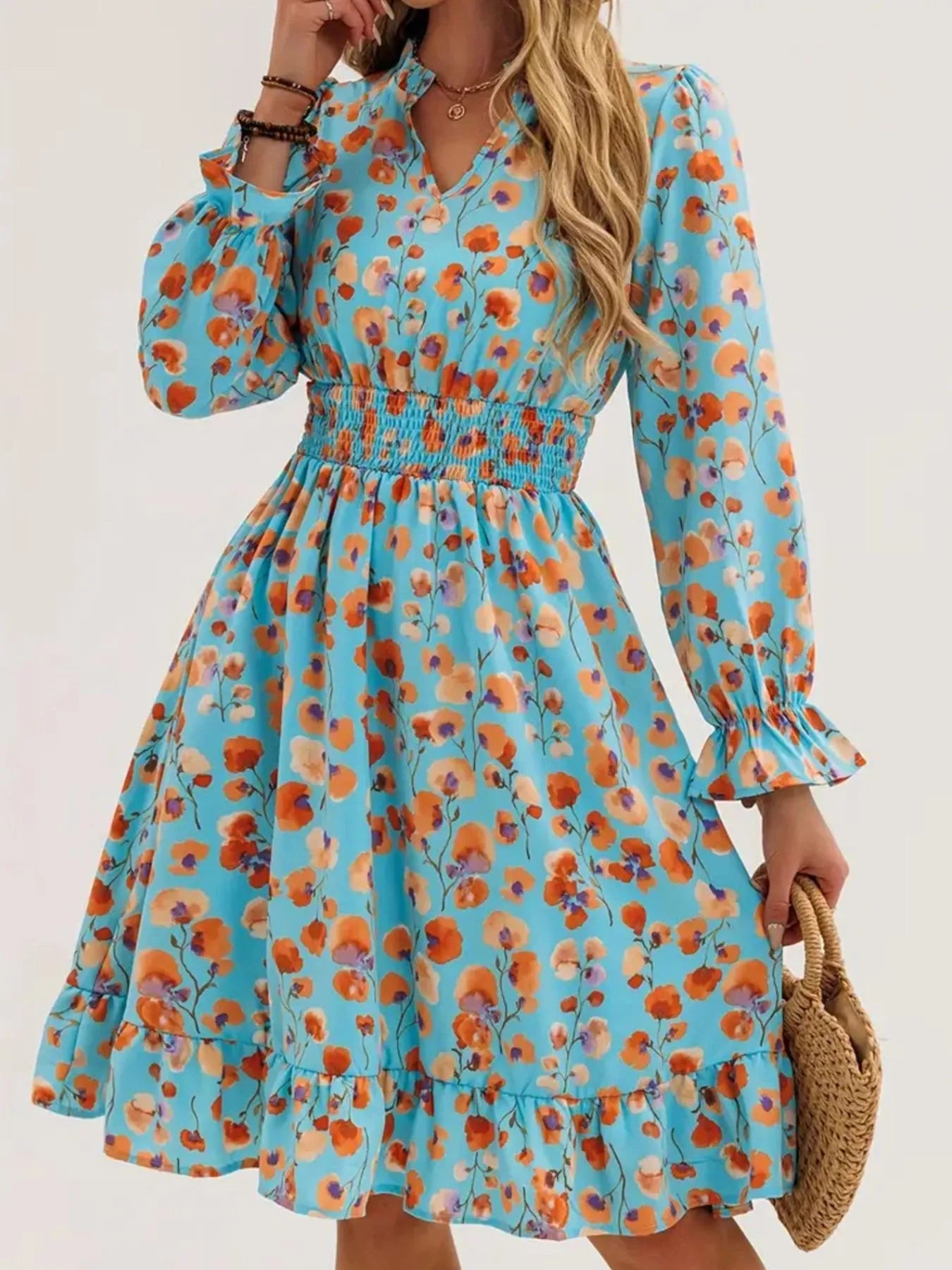 Floral Print Flounce Sleeve Ruffle Hem Dress