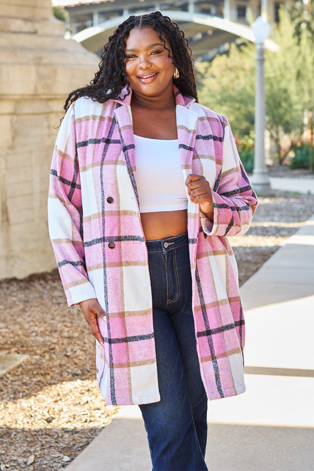 Double Take Full Size Plaid Button Up Lapel Collar Coat nicholesgifts