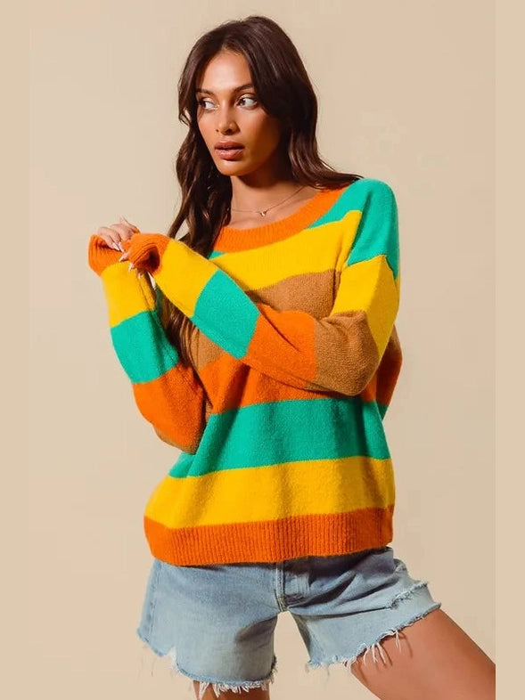 SO ME Multi Color Stripe Sweater with Ribbed Detail Trendsi