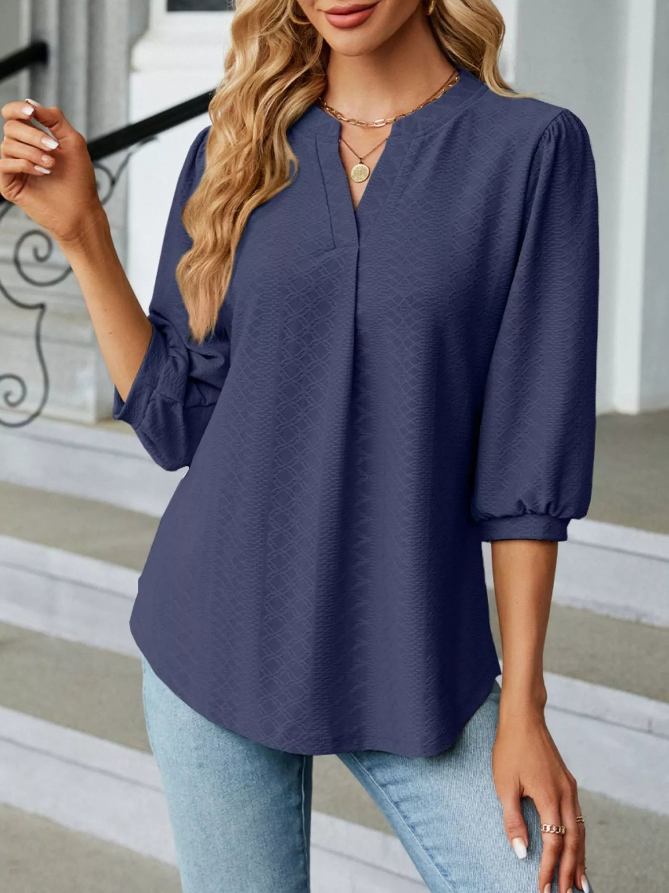 Notched 3/4 Sleeve Casual Top Trendsi