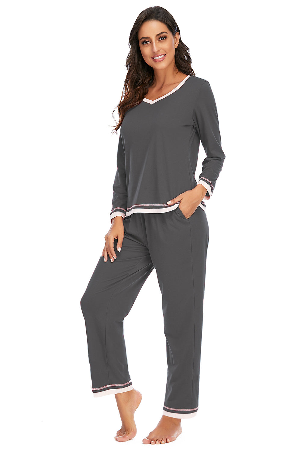 Women V-Neck Top and Pants Lounge Set nicholesgifts