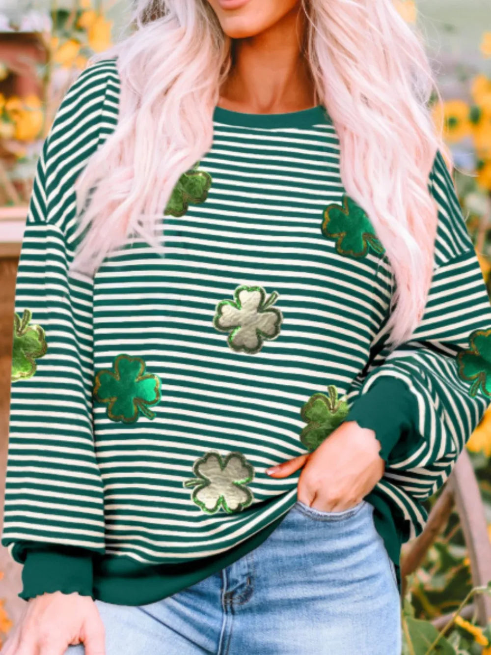 Stripe Lucky Clover Drop Shoulder Sweatshirt nicholesgifts