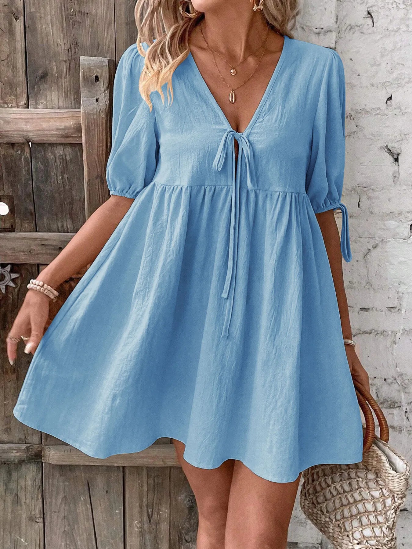 V-Neck Tie-Front Mini Dress with Puff Sleeves NicholesGifts