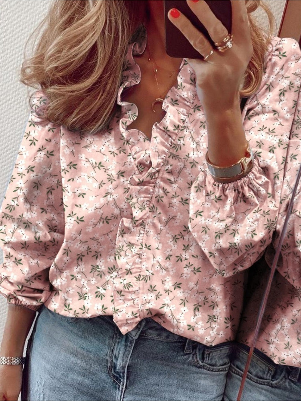 Women Ruffled Printed V-Neck Long Sleeve Blouse nicholesgifts