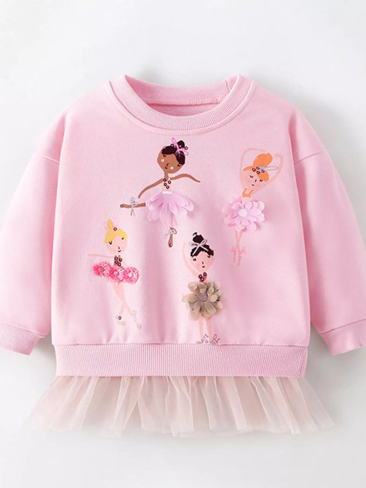 Children's Ballerina Applique Crewneck Sweatshirt with Tulle Hem Trendsi