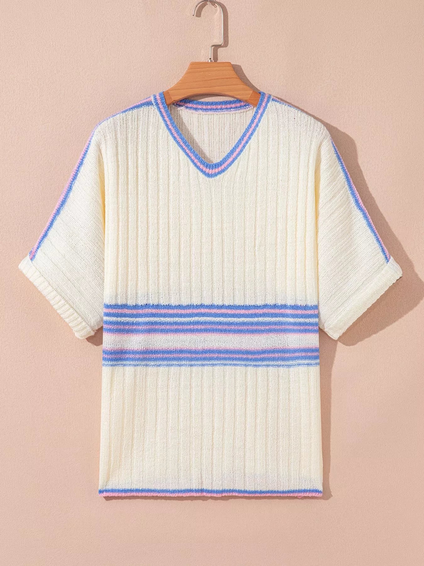 Striped V Neck Dolman Sleeve Rib Knit Oversized Sweater with Slits Trendsi